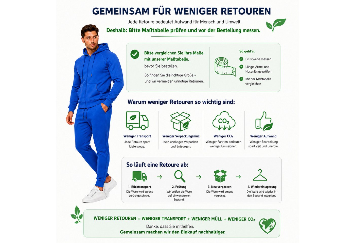 L.gonline Freizeitanzug Herren Jogginganzug einfarbig 100% BW 586 Blau S (Kapuzenjacke mit Reißverschluss, Hose, 2-tlg), Fitness Freizeit Casual