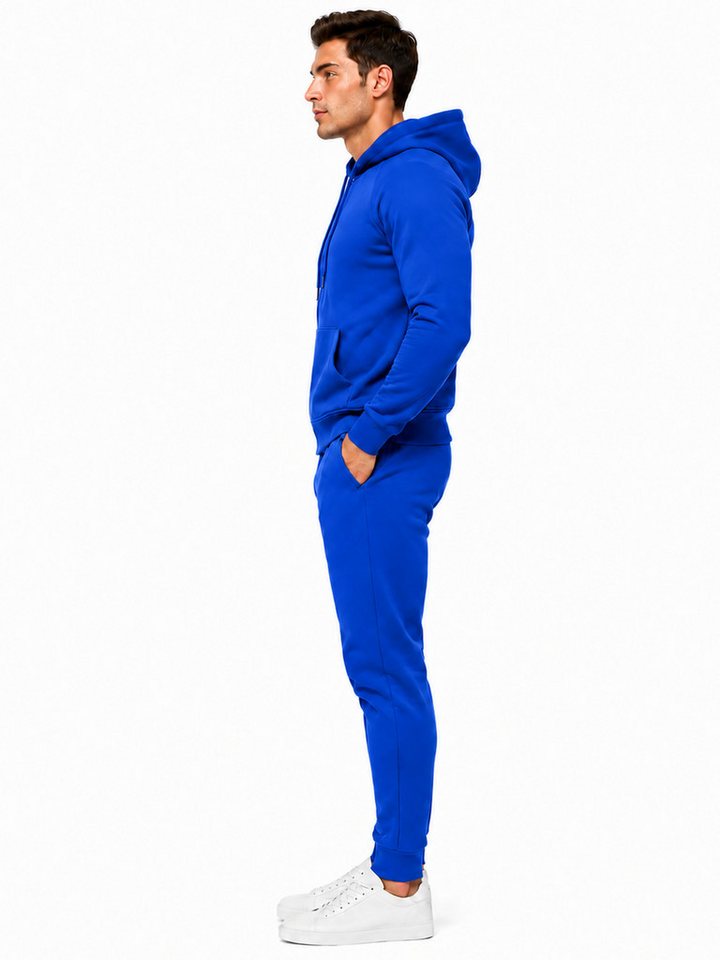 L.gonline Freizeitanzug Herren Jogginganzug einfarbig 100% BW 586 Blau S (Kapuzenjacke mit Reißverschluss, Hose, 2-tlg), Fitness Freizeit Casual Bild 3
