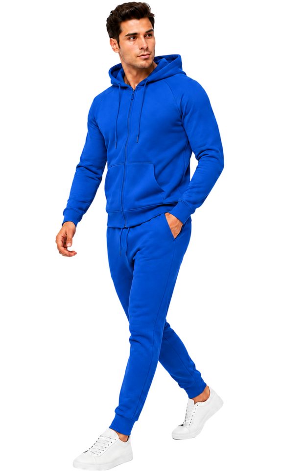L.gonline Freizeitanzug Herren Jogginganzug einfarbig 100% BW 586 Blau S (Kapuzenjacke mit Reißverschluss, Hose, 2-tlg), Fitness Freizeit Casual Bild 4
