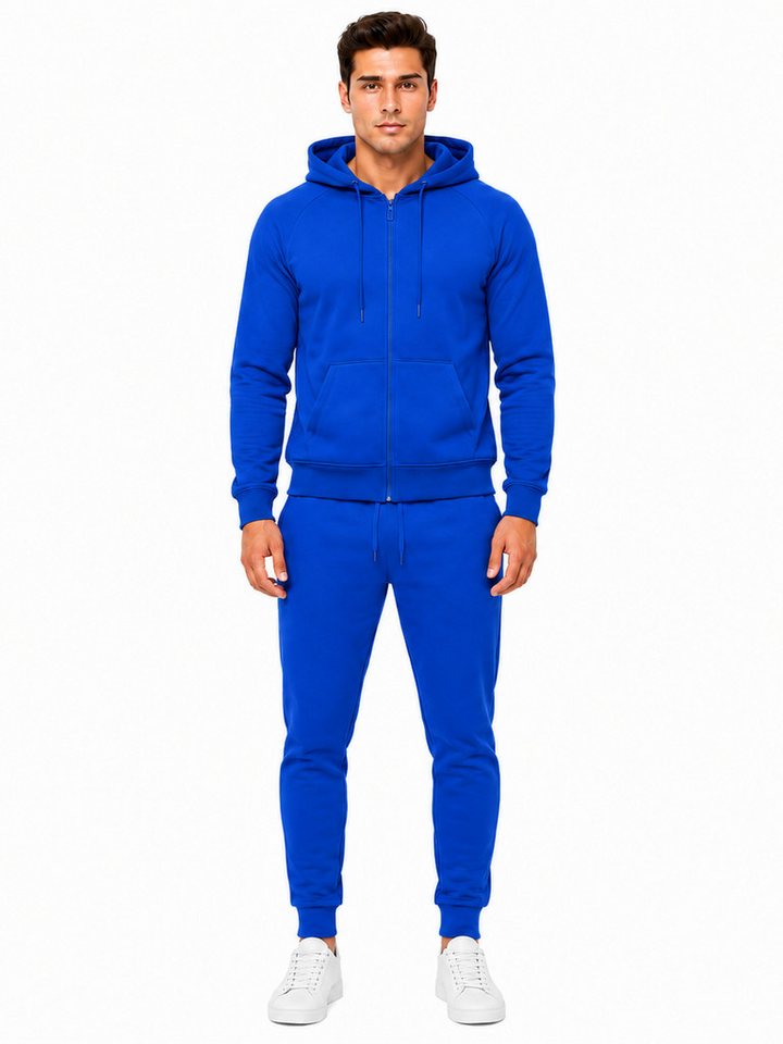 L.gonline Freizeitanzug Herren Jogginganzug einfarbig 100% BW 586 Blau S (Kapuzenjacke mit Reißverschluss, Hose, 2-tlg), Fitness Freizeit Casual Bild 5