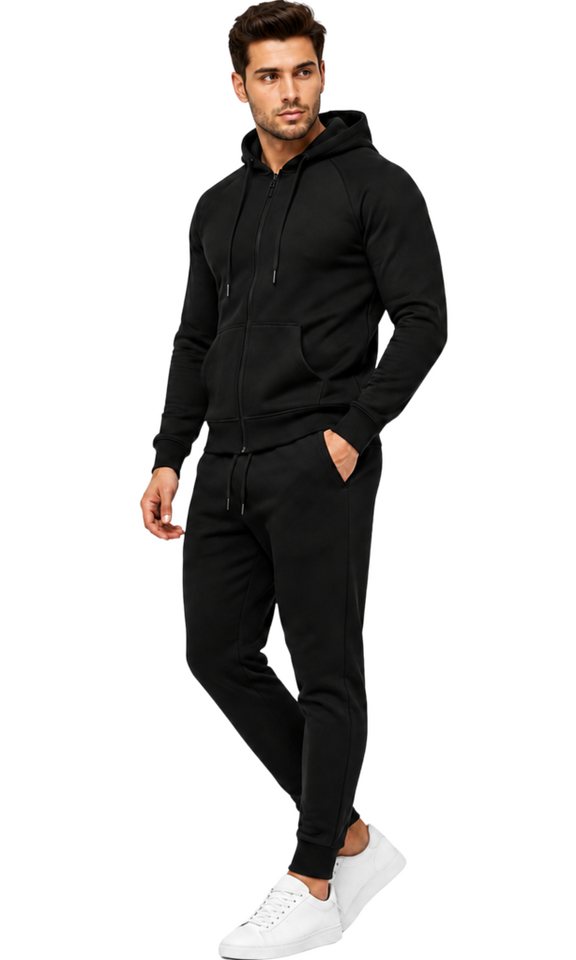 L.gonline Freizeitanzug Herren Jogginganzug einfarbig 100% BW 586 Schwarz XXL (Kapuzenjacke mit Reißverschluss, Hose, 2-tlg), Fitness Freizeit Casual Bild 2