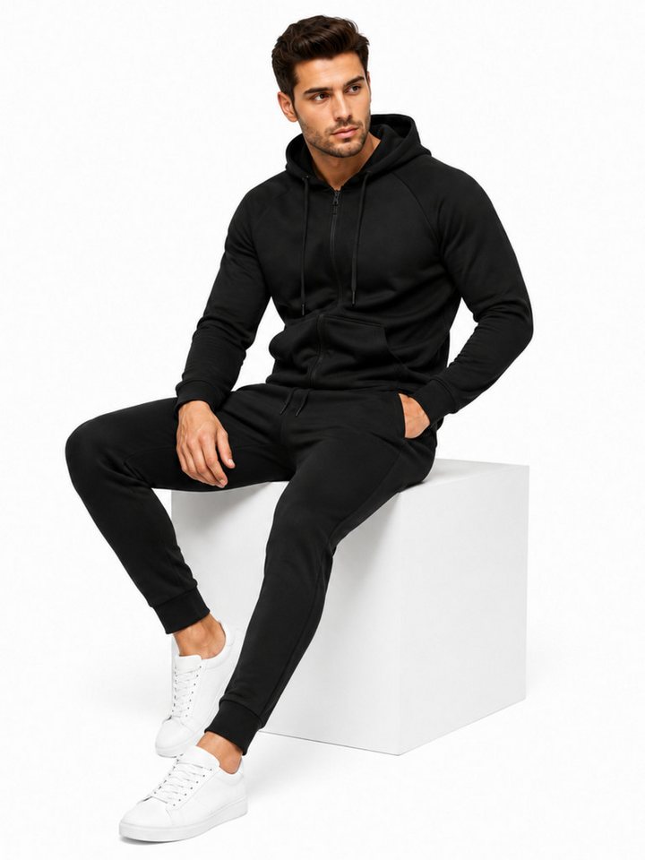 L.gonline Freizeitanzug Herren Jogginganzug einfarbig 100% BW 586 Schwarz XXL (Kapuzenjacke mit Reißverschluss, Hose, 2-tlg), Fitness Freizeit Casual Bild 4