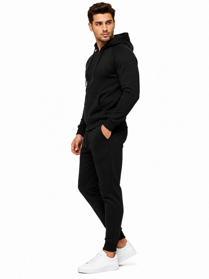 L.gonline Freizeitanzug Herren Jogginganzug einfarbig 100% BW 586 Schwarz XXL (Kapuzenjacke mit Reißverschluss, Hose, 2-tlg), Fitness Freizeit Casual Bild 5