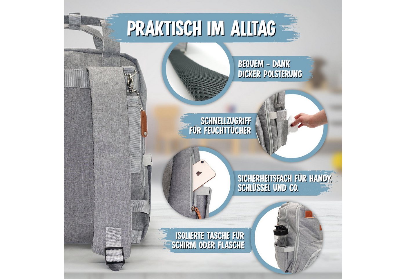 Emadele Wickelrucksack lässig, elegant und schlicht. Wickeltasche mit Wickelunterlage Bild 3