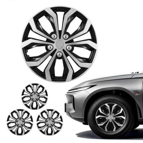 VEVOR 4x Universale Radkappen 16 Zoll, Radzierblenden Set aus ABS Kunststoff, Verstellbare Radblenden mit 10 Speichen & Snap-On-Montage Design, R16 Radabdeckungen für Deko & Daubschutz, Silber/Schwarz