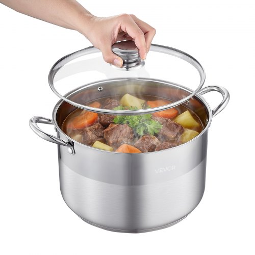 VEVOR Edelstahl Kochtopf 11,4 L Großer Suppentopf mit Glasdeckel Induktionsgeeignet Hochwertiger Nudeltopf PFOA-frei PFAS-frei für Gasherd Elektrokochfeld Ideal für Eintöpfe Pasta Familienportionen