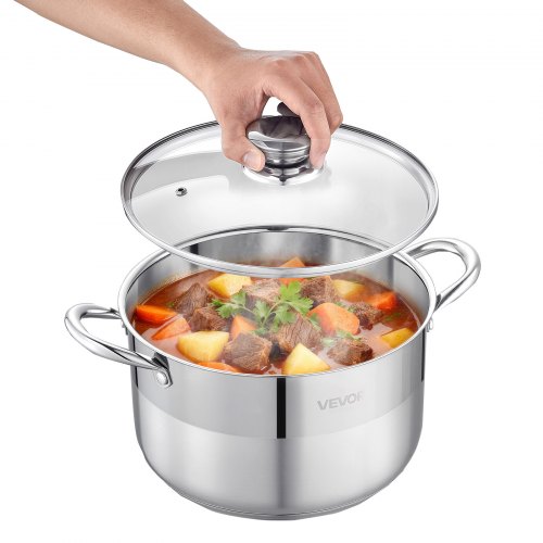 VEVOR Edelstahl Kochtopf 7,6 L Suppentopf mit Glasdeckel Induktionsgeeignet Hochwertiger Nudeltopf PFOA-frei PFAS-frei für Gasherd Elektrokochfeld Ideal für Eintöpfe Pasta Suppen
