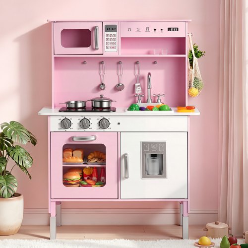 VEVOR Spielküche für Kinder, Kinderküche aus Holz mit Licht & Sound, Holzküche mit Herd Backofen Spüle Mikrowelle Eisspender & Getränkespender, Küchenspielzeug mit Kochset für Kinder ab 3 Jahren, Rosa
