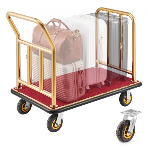 VEVOR Hotelgepäckwagen aus Edelstahl, 340,19 kg Belastbarer Kofferwagen mit 6 Zoll Gummirädern, Hotelwagen mit Rotem Teppichboden, Gewerblicher Plattformwagen für Hotels Ferienwohnungen Resorts, Gold