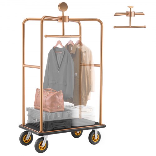 VEVOR Hotelgepäckwagen aus Edelstahl, 544,31 kg Belastbarer Kofferwagen mit 8 Zoll Gummirädern, Hotelwagen mit Schwarzem Teppichboden & Garderobenstange, Gepäckwagen für Hotels Resorts, Roségold