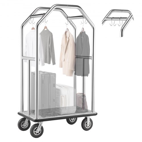 VEVOR Hotelgepäckwagen aus Edelstahl, 680,39kg Belastbarer Kofferwagen mit 8 Zoll Gummirädern, Hotelwagen mit Grauem Teppichboden & Garderobenstange, Gepäckwagen Gewerblich für Hotels Resorts, Silber