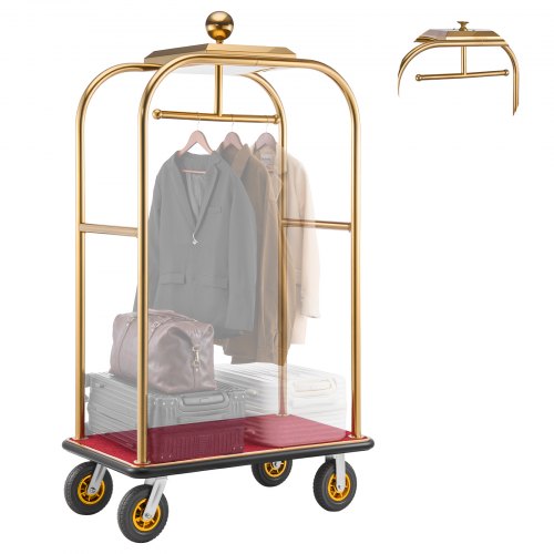 VEVOR Hotelgepäckwagen aus Edelstahl, 544,31 kg Belastbarer Kofferwagen mit 8 Zoll Gummirädern, Hotelwagen mit Rotem Teppichboden & Garderobenstange, Gewerblicher Gepäckwagen für Hotels Resorts, Gold
