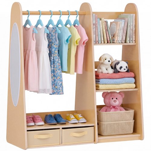 VEVOR Kinderkleiderschrank 98,5x40x106 cm, Kindergarderobe mit Spiegel Kleiderstange Ablagen, Verkleidungsschrank mit 2 Stoffschubladen für Mädchen, Kinderschrank für Kostüme Schlafzimmer, Naturholz