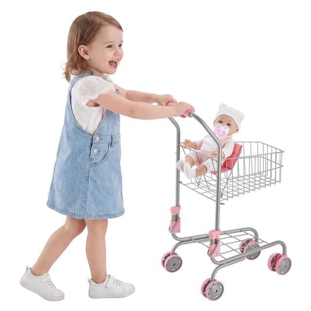 Vevor Einkaufswagen Für Kinder, Einkaufswagen Supermarkt Spielzeug Mit Klappsitz Für Puppen Stahlrahmen & Rollen, Faltbares Kaufladenzubehör Mit Puppen-spielset, Kaufmannsladen Spiele Für Kinder Ab 3