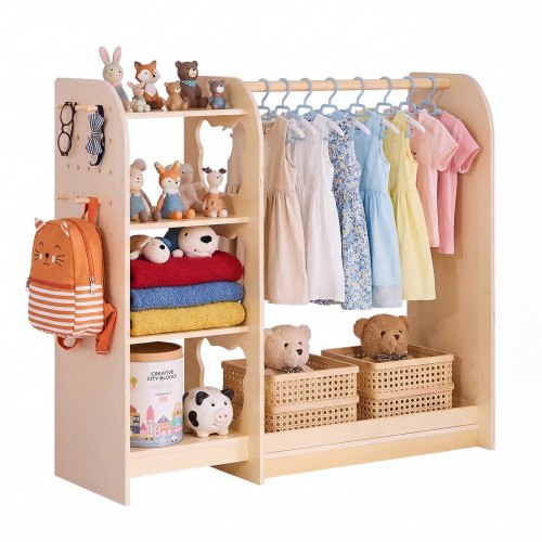 VEVOR Kinderkleiderschrank 120x40x106cm, Kindergarderobe mit Spiegel Kleiderstange Ablagen, Multiplexholz Verkleidungsschrank für Mädchen, Kinderschrank für Kostüme Dress-Up Schlafzimmer, Naturholz