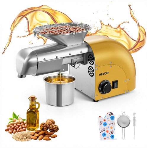 VEVOR Elektrische Ölpresse 5 kg/h, Ölmühle 1250 W, Automatische Ölpressmaschine mit Heiß- und Kaltpressung & Reinigungsbürste, Ölmaschine für Erdnüsse, Sesam, Sojabohnen und Mandeln, Edelstahl
