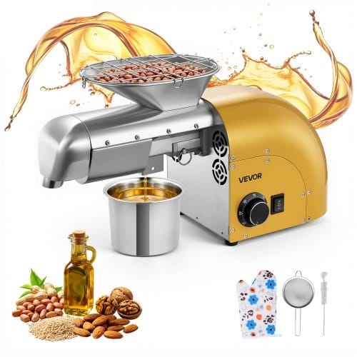VEVOR Elektrische Ölpresse 5 kg/h, Ölmühle 1250 W, Automatische Ölpressmaschine mit Heiß- und Kaltpressung & Reinigungsbürste, Ölmaschine für Erdnüsse, Sesam, Sojabohnen und Mandeln, Edelstahl