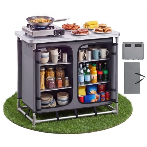 VEVOR Klappbare Campingküche, Tragbarer Campingschrank mit 6 Ablagefächern, Tragetasche & MDF-Tischplatte bis 50 kg Tragkraft, Küchenstation für Picknick, Grillen, Partys, Camping & Wohnmobilreisen