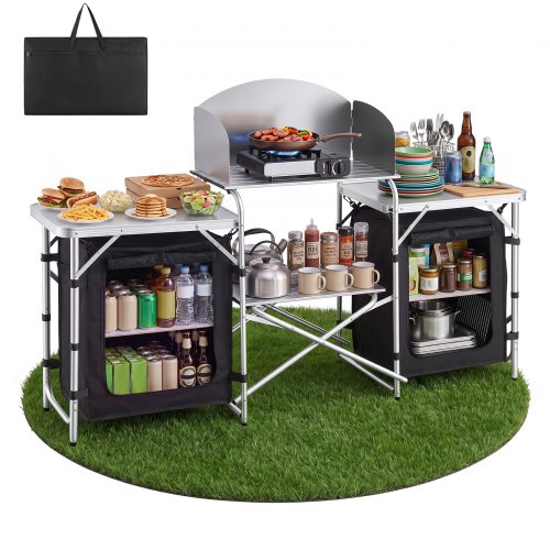 VEVOR Klappbare Campingküche, Campingschrank mit 2 MDF-Beistelltischen, Abnehmbarem Windschutz für den Kocher, 2 Stauräumen & X-förmigen Beinen, Camping-Küchenstation für Picknick, Grillen & Reisen