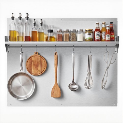 VEVOR Küchenrückwand 76 x 61 cm aus Edelstahl, Wandschutz für Herd und Dunstabzugshaube mit Ablage, Haken und Vorgebohrten Löchern, Robuste Rückwand für Küche, Kochen und Praktische Aufbewahrung