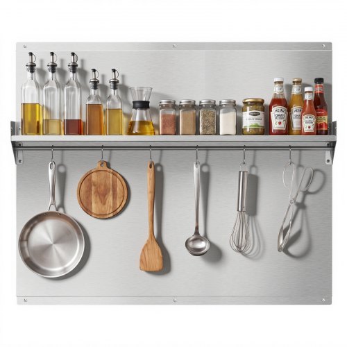 VEVOR Küchenrückwand 91 x 76 cm aus Edelstahl, Wandschutz für Herd und Dunstabzugshaube mit Ablage, Haken und Vorgebohrten Löchern, Robuste Rückwand für Küche, Kochen und Praktische Aufbewahrung