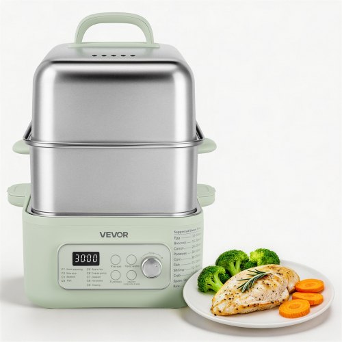VEVOR Elektrischer Dampfgarer 13 L mit 2 Garebenen Edelstahl 1500 W Grün, Gemüse- und Speisegarer für 3–6 Personen mit 9 Voreingestellten Programmen, Warmhaltefunktion, für Gemüse, Meeresfrüchte und Reis