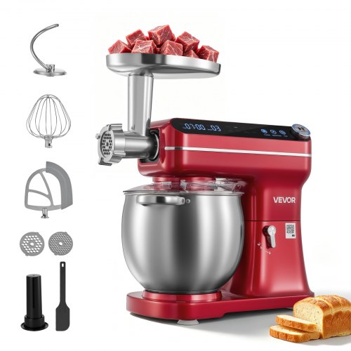 VEVOR Multifunktionale Küchenmaschine mit Kippkopf 7 L 2 in 1 1000 W Rot, Rührmaschine für Teig Sahne Rührteig und Fleisch, Knetmaschine mit Rührschüssel Knethaken Rührbesen und Schneebesen