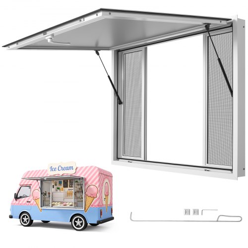 VEVOR Verkaufsfenster für Foodtrucks 1220 x 915 mm Konzessionsfenster Geeignet für Imbisswagen, bis 85° Aufklappbar, 4 Abnehmbare Schiebegitterfenster, Verkaufsklappe, Schutz vor Sonne & Regen