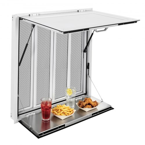 VEVOR Verkaufsfenster für Foodtrucks 915 x 915 x 110 mm Aluminiumlegierung, Konzessionsfenster Regenschutz, bis 85° Aufklappbar, Klappbarer Ablage, mit 4 Verschiebbaren Fliegengittern und Schlepphaken