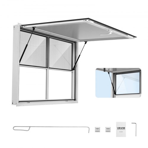 VEVOR Verkaufsfenster für Foodtrucks 1220 x 915 mm Aluminiumlegierung, Konzessionsfenster bis 85° Aufklappbar, 2 Feste Glasscheiben Oben, 2 Schiebe-Fliegengitter Unten, Verkaufsklappe, Regenschutz