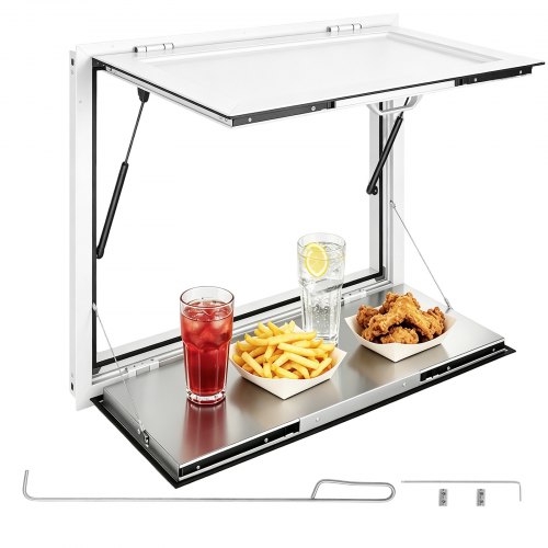 VEVOR Verkaufsfenster für Foodtrucks 915 x 915 x 80 mm Aluminiumlegierung, Konzessionsfenster für Imbisswagen, bis 85° Aufklappbar, mit Verkaufsklappe, Servierablage & Schlepphaken, Regenschutz
