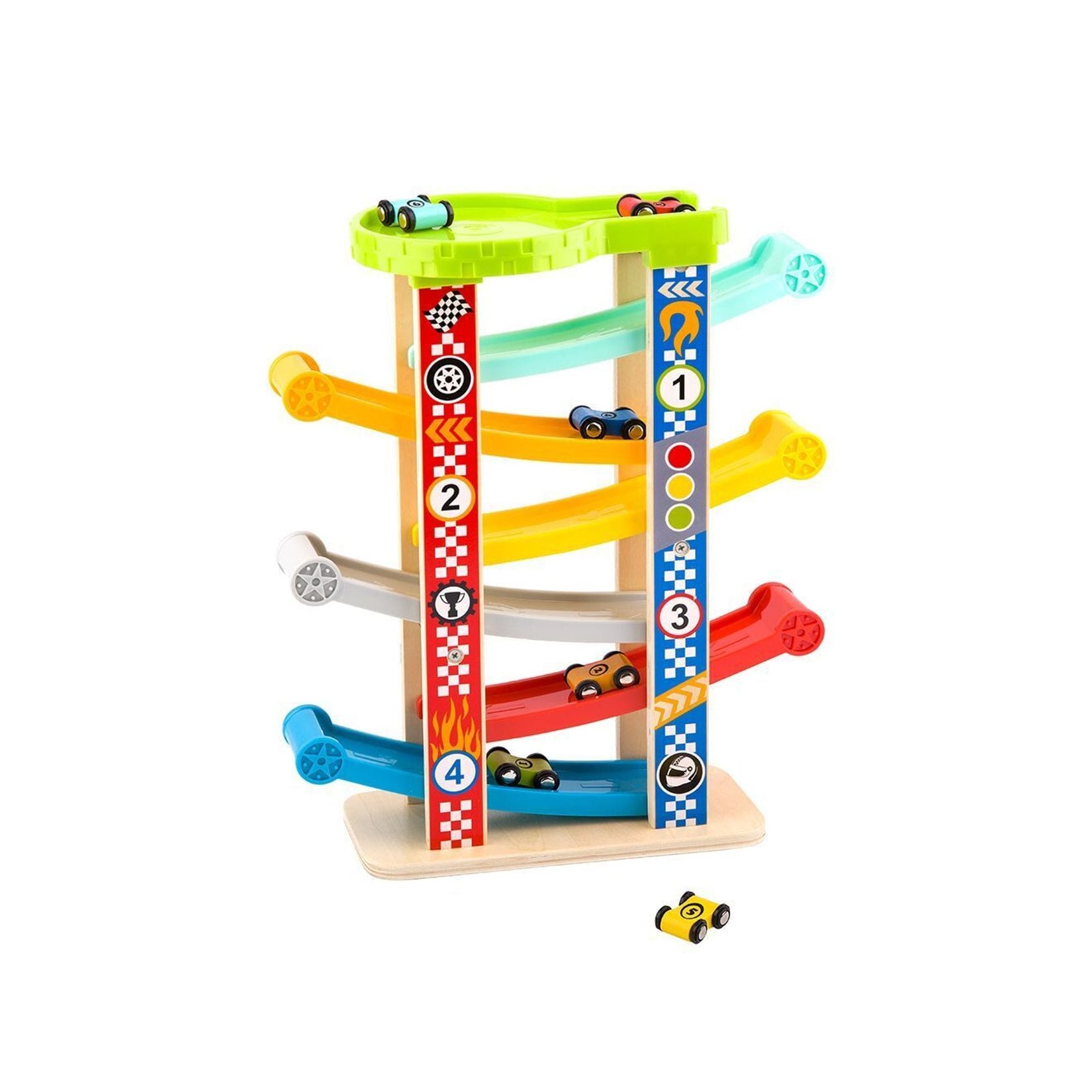Tooky Toy Holzturm-Rennbahn TY841 Rutschturm auf 7 Ebenen, 6 Rennautos bunt