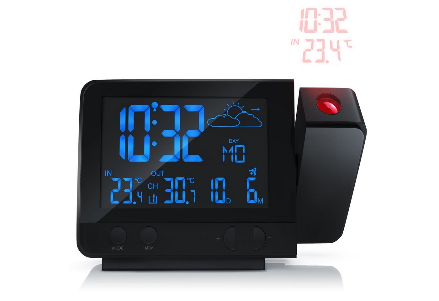 BEARWARE Wetterstation mit Außensensor, Funkwetterstation, Projektionsanzeige DCF-Funkuhr, Wettervorhersage