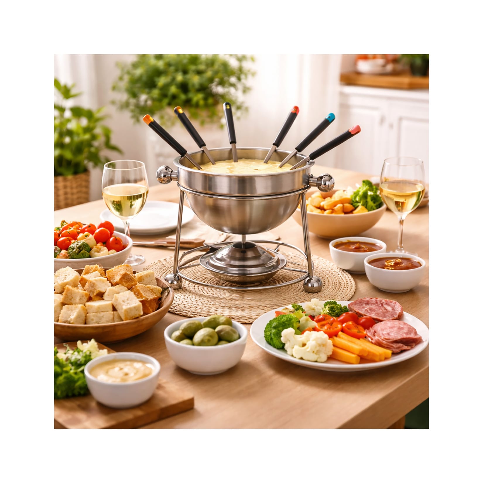 Fondue Set Edelstahl mit Keramikschale Stövchen und Gabeln