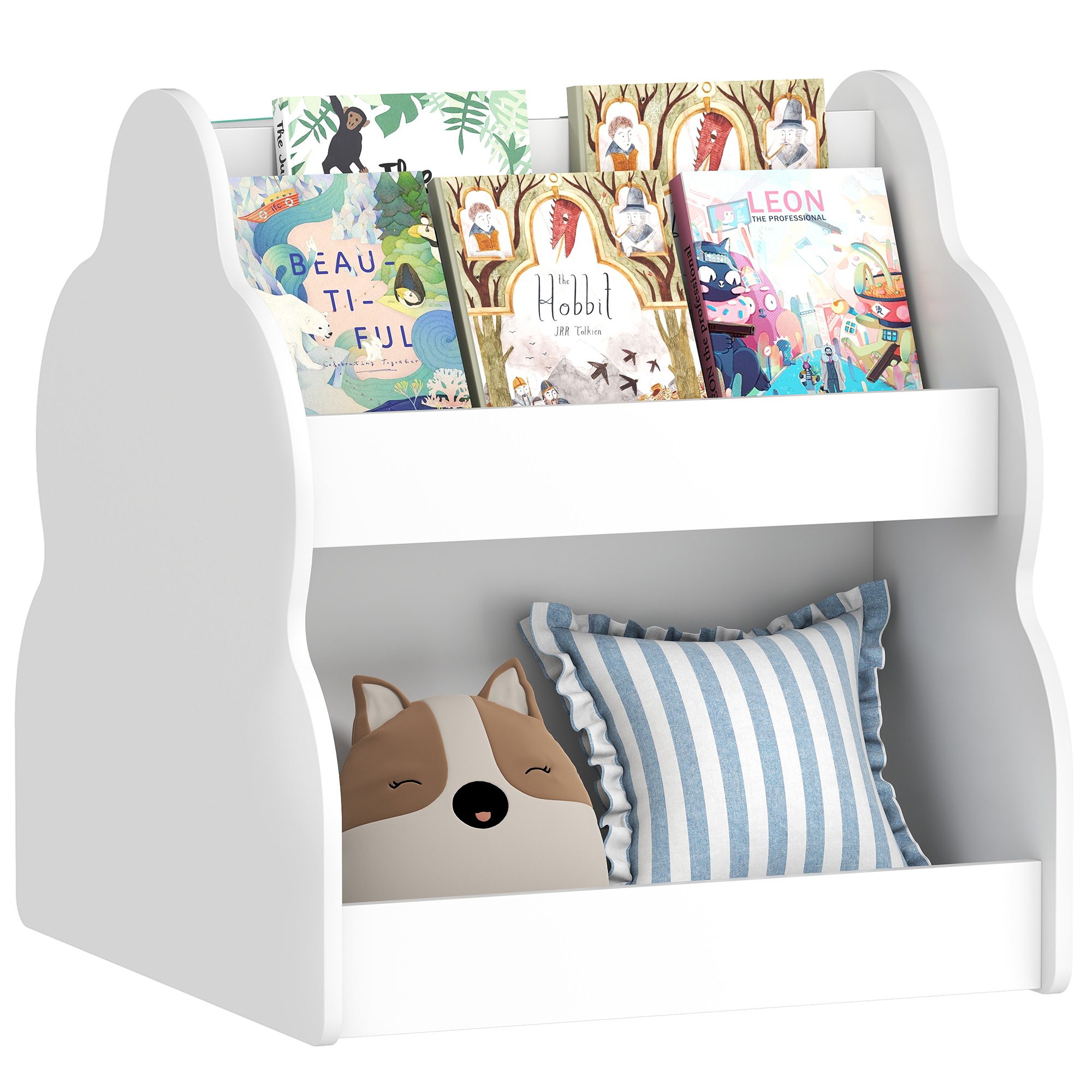 Kinderregal, 2-stöckiges Kinder-bücherregal Mit Rädern, 4 Regalen, Für Kinderzimmer, Spielzimmer, 54x50x56 Cm, Weiß