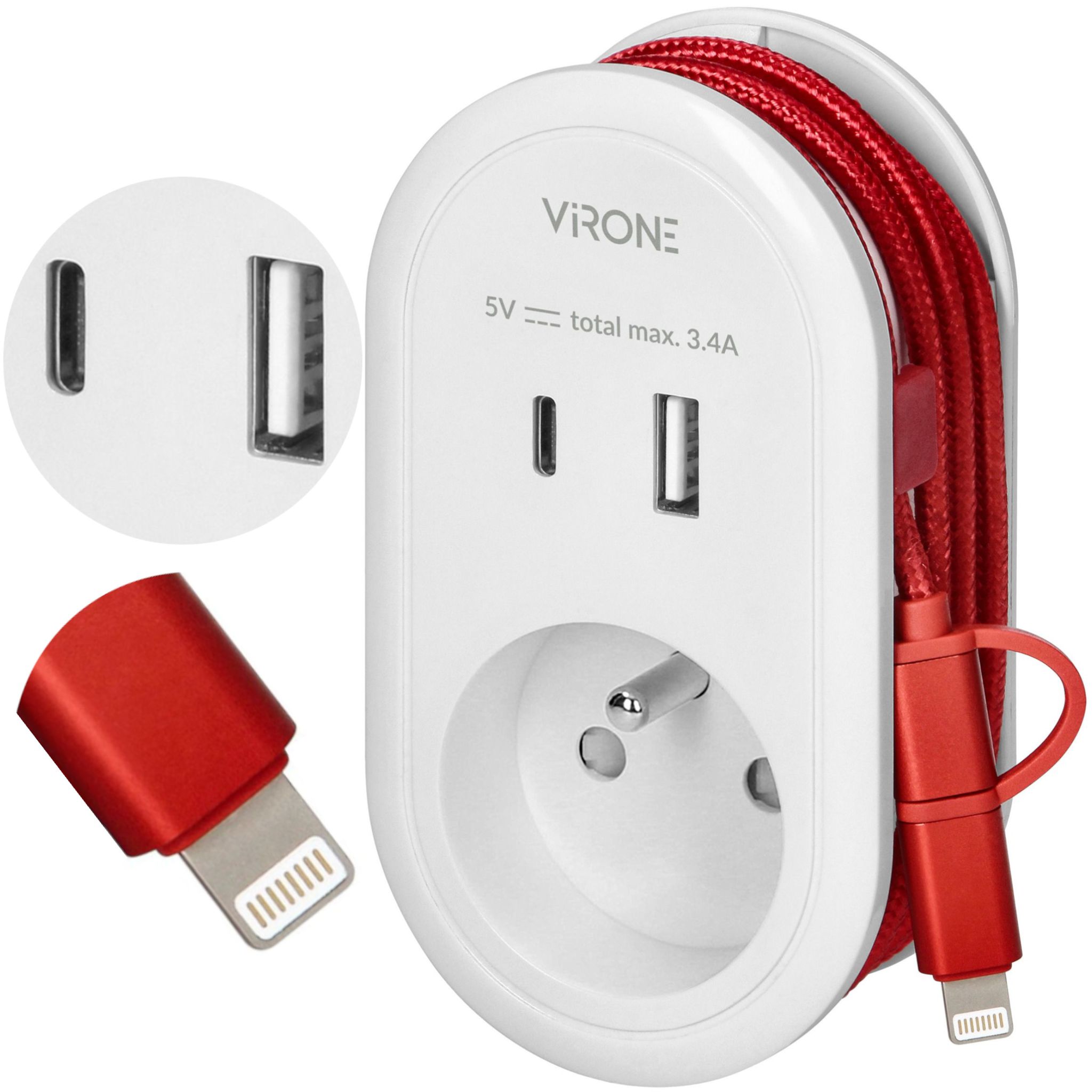 Virone, Ladeadapter 3in1 - Usb Typ A+c - Schwarz - Kompakt - Mit Lightning Kabel - Praktisch Für Reisen