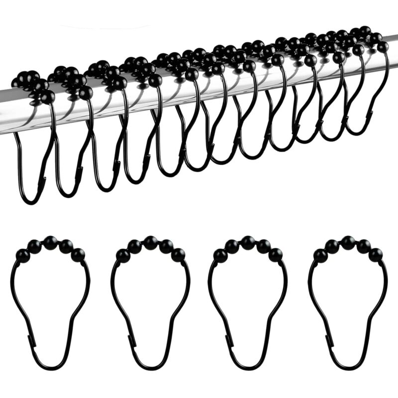 [niemals Verwendet] Set Mit 12 Duschvorhangringen Aus Edelstahl Mit Gleitsystem Für Duschvorhänge, 12 Einfache Haken, 69 X 39 Mm – Schwarz