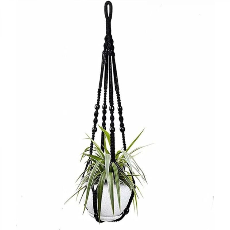 [niemals Verwendet] Schwarzer Pflanzenhänger Aus Baumwollseil Für Den Innenbereich, 85 Cm, Mit Holzperlen, Zur Dekoration, Ohne Haken, 1 Paar