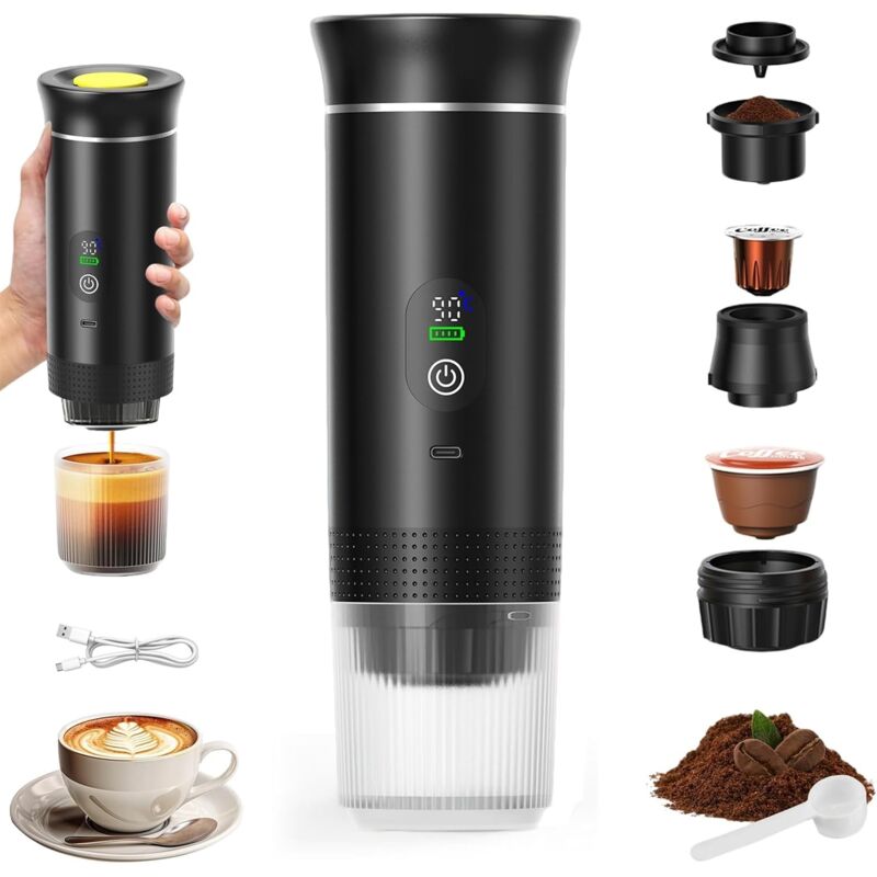 [niemals Verwendet] 3-in-1 Tragbare Kaffeemaschine, Wiederaufladbare Reisekaffeemaschine, 12-v-espressomaschine Für Kapseln Und Gemahlenen Kaffee, Für Camping, Reisen, Büro, Auto Und Zuhause – Schwarz