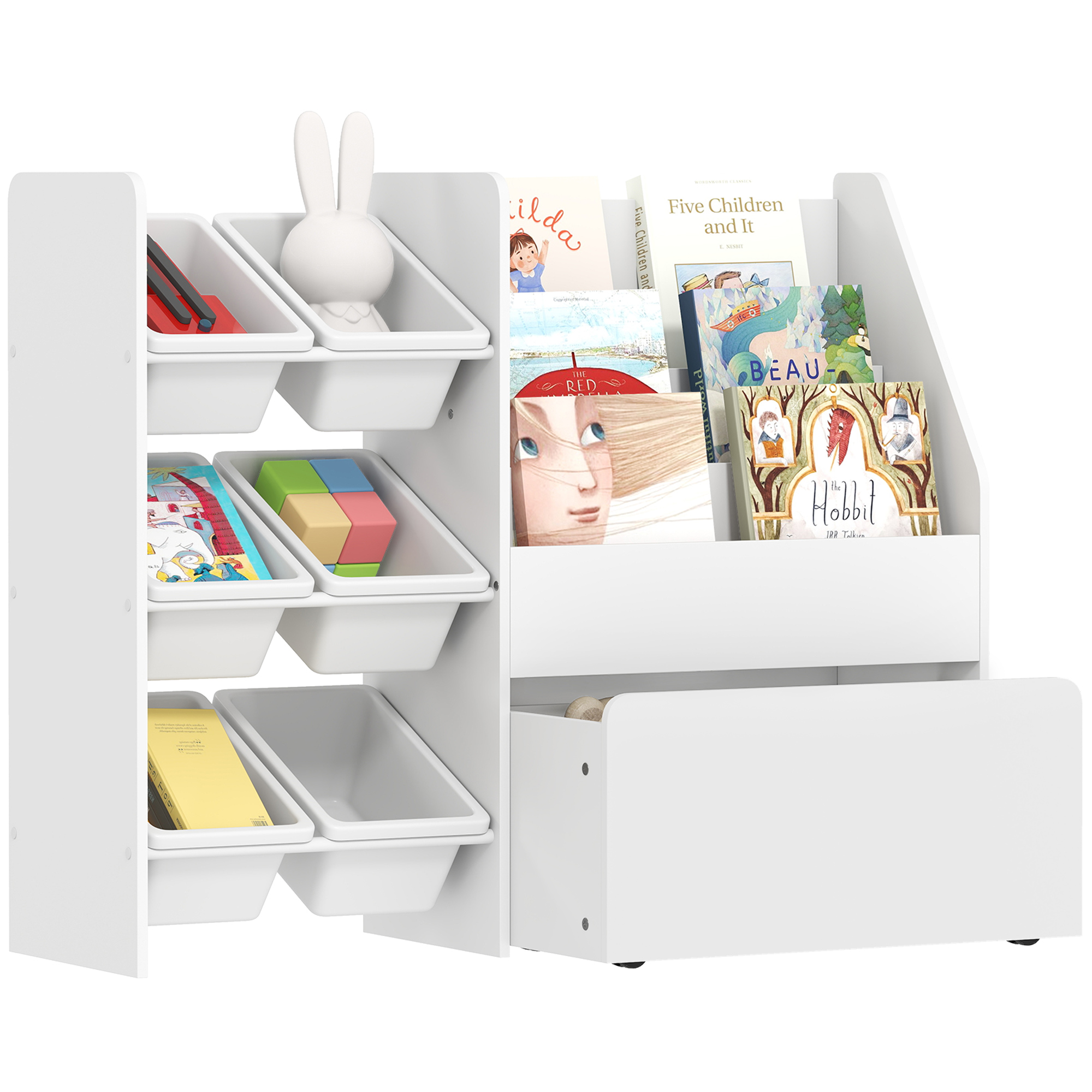 Spielzeugregal, Kinderzimmerregal Mit 6 Behälter, Bücherablage, Rollbare Box, 100 X 30 X 80 Cm, Mdf, Stahl, Weiß