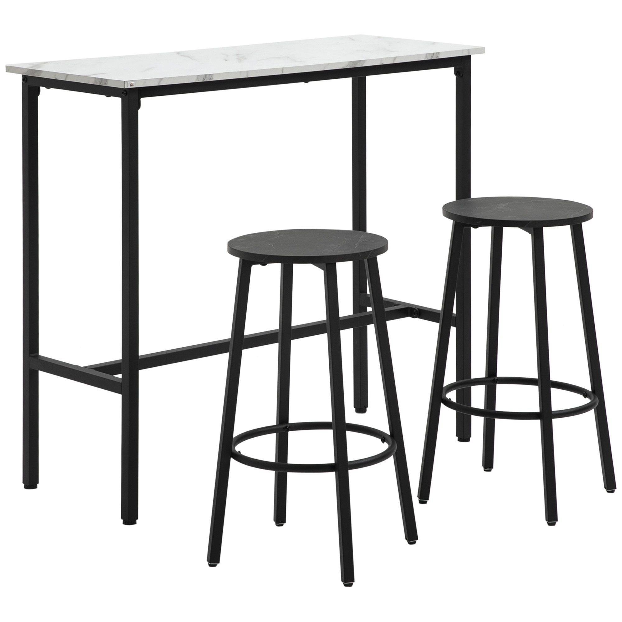 Bar-set Für 2 Personen, 1 Tisch Mit 2 Barhockern, Tischplatte In Weißer Marmoroptik, Stahlrahmen