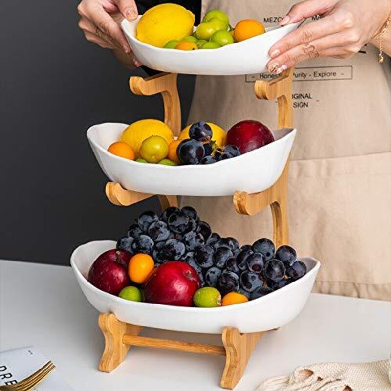[niemals Verwendet] Dreistöckiger Obstkorb Für Die Küchentheke Mit Holzständer. Eleganter Obstkorb Für Obst, Gemüse, Snacks Und Desserts. Weiß