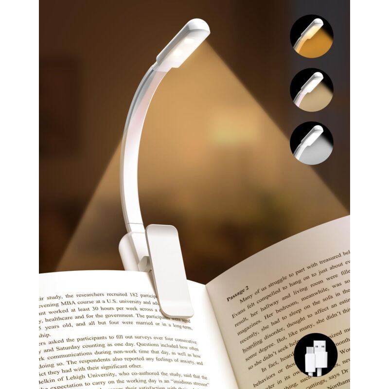 [niemals Verwendet] Wiederaufladbare Leselampe, Led-leselampe, Leselampe Mit Augenschutz, 3 Farben, Stufenlos Einstellbare Helligkeit