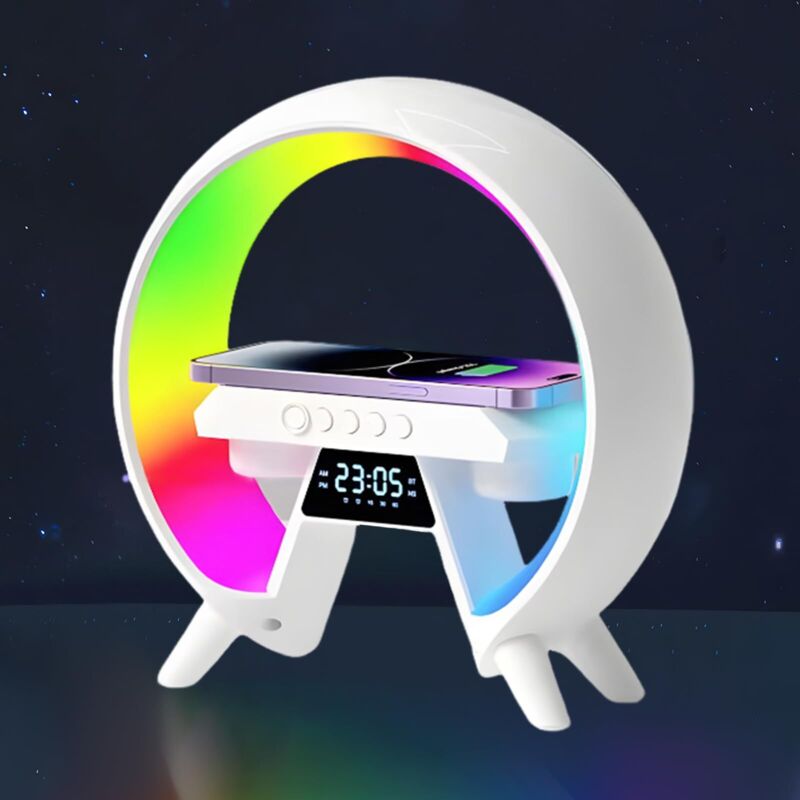 [niemals Verwendet] Intelligente Tischleuchte Mit Kabellosem Ladegerät, G-förmiger Bluetooth-lautsprecher Mit Wecker, Dimmbare Led-tischleuchte Mit 3 Farben