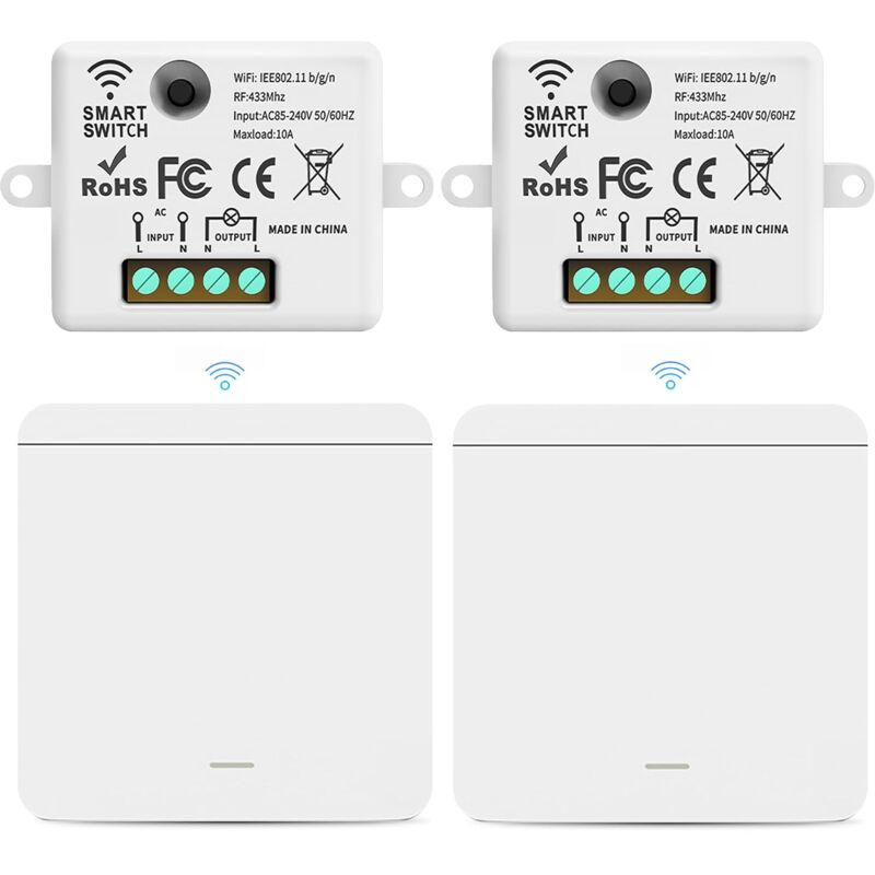 [niemals Verwendet] Drahtloser Schalter Mit Empfänger, 433 Mhz Drahtloser Zweiwegeschalter, Ac85-265 V, Keine Verkabelung Erforderlich (2 Empfänger + 2 Schalter)