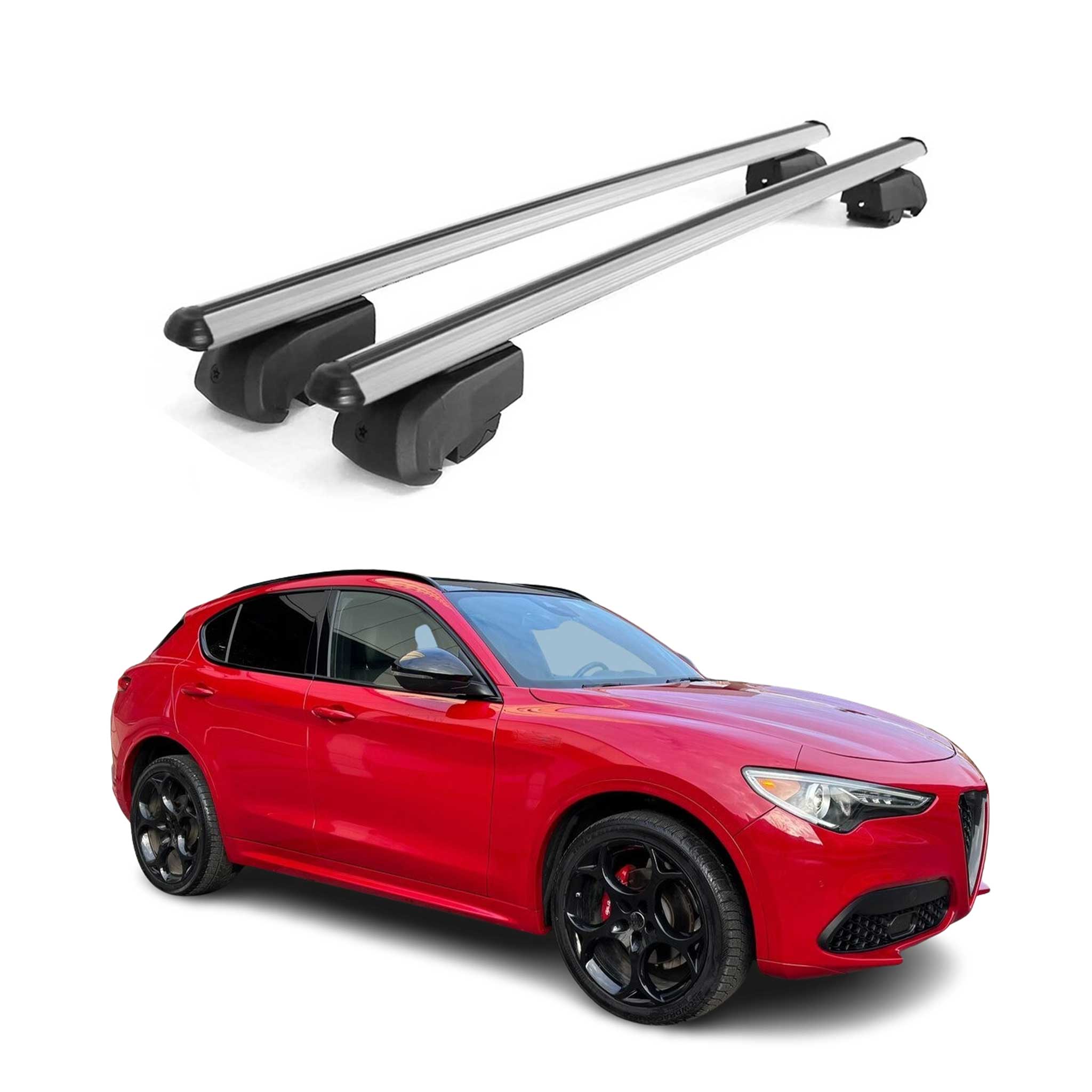 Omac Aluminium Dachträger Querträger Für Alfa Romeo Stelvio 2017-2026 – City Crash – Iso/pas 11154:2006 – Abschließbar – Max. 75 Kg – 2 Stangen Silber