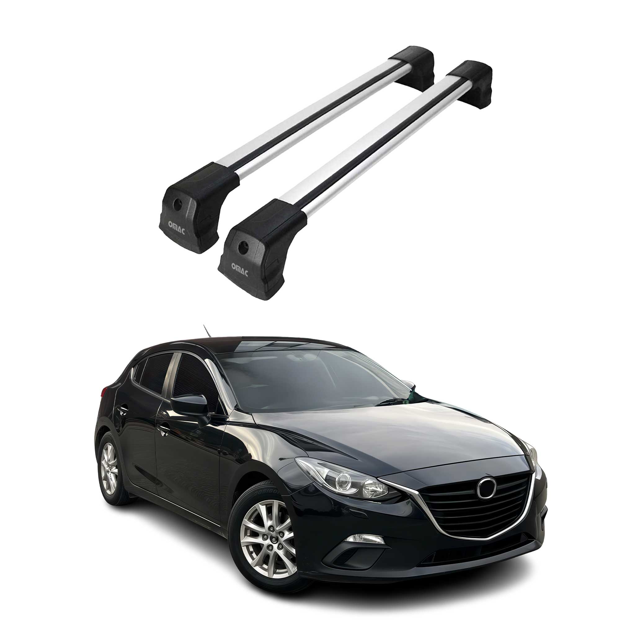 Omac Dachträger Querträger Kompatibel Mit Mazda3 Mk3 Schrägheck Stufenheck 2014-2018 – 2 Stangen – Abschließbar – Aluminium Silber