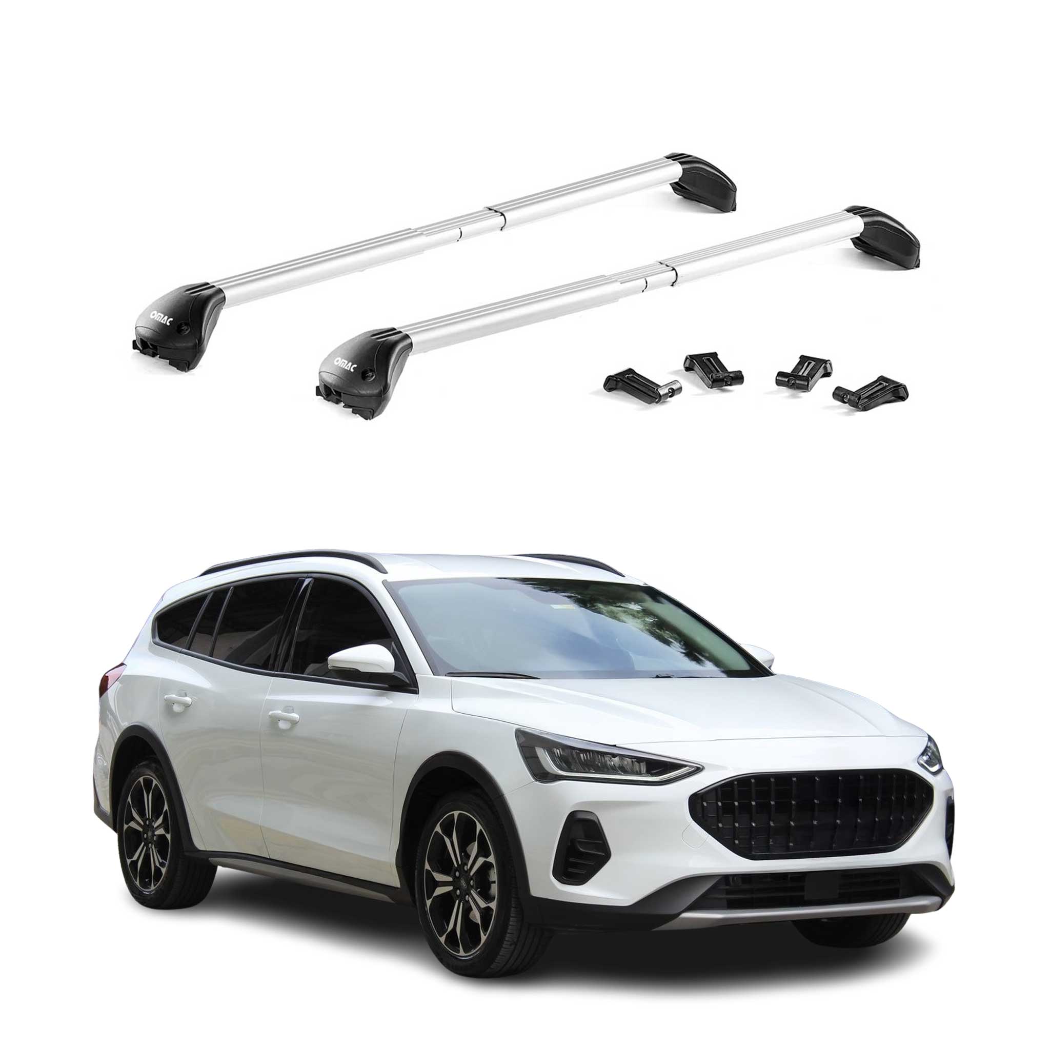 Omac Dachträger Querträger Tüv Geprüft Für Ford Focus Active 2019-2021 – Abschließbar (4 Schlösser) – Max 100 Kg – Robuste Befestigung Silber