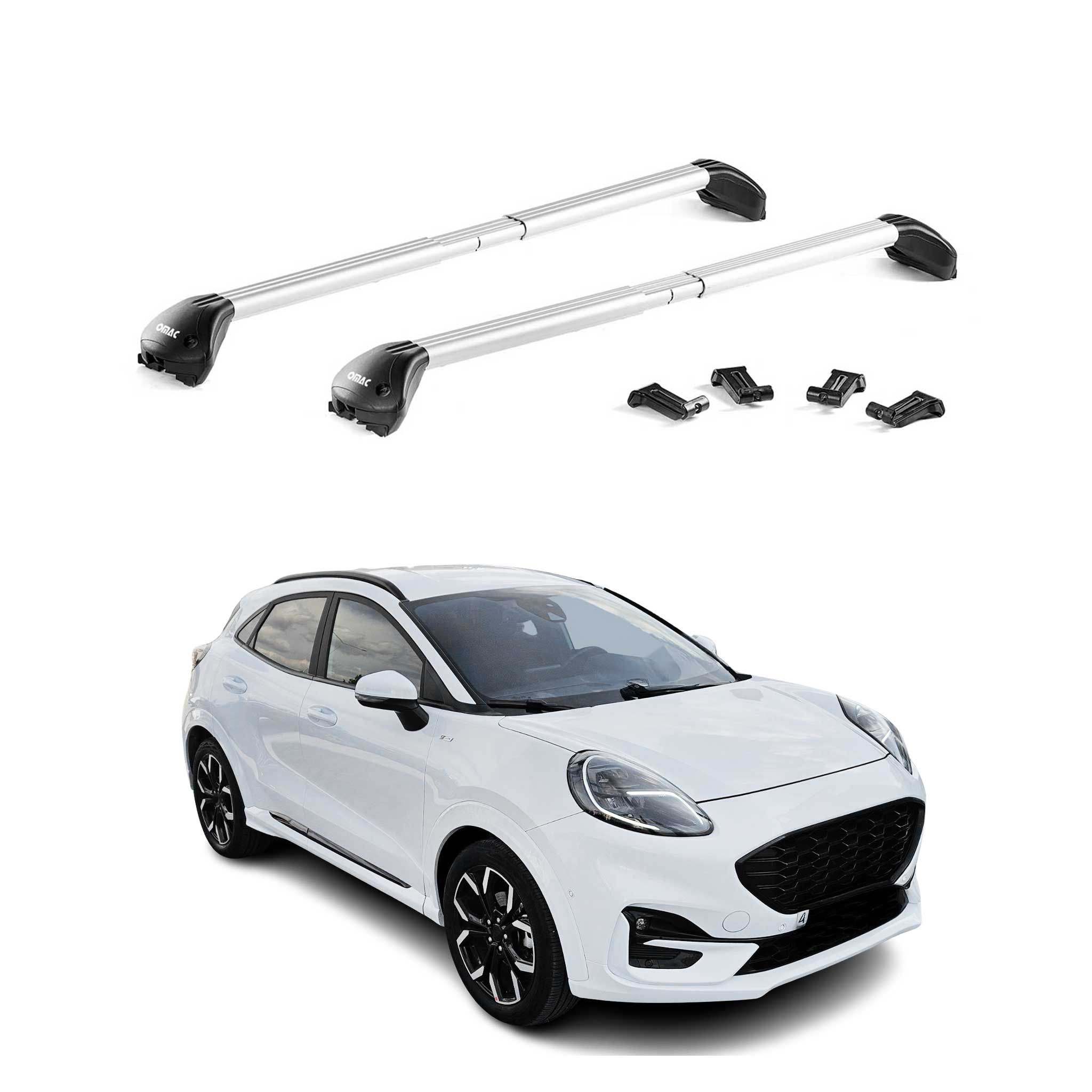 Omac Dachträger Querträger Tüv Geprüft Für Ford Puma 2019-2026 – Abschließbar (4 Schlösser) – Max 100 Kg – Robuste Befestigung Silber