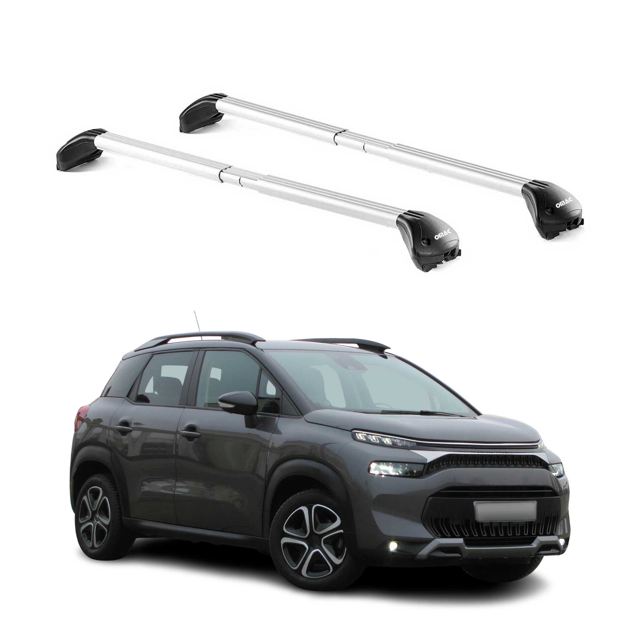 Omac Dachträger Querträger Tüv Geprüft Für Citroen C3 Aircross 2017-2024 – Abschließbar (4 Schlösser) – Max 100 Kg – Edelstahlband + Gummischutz Silber
